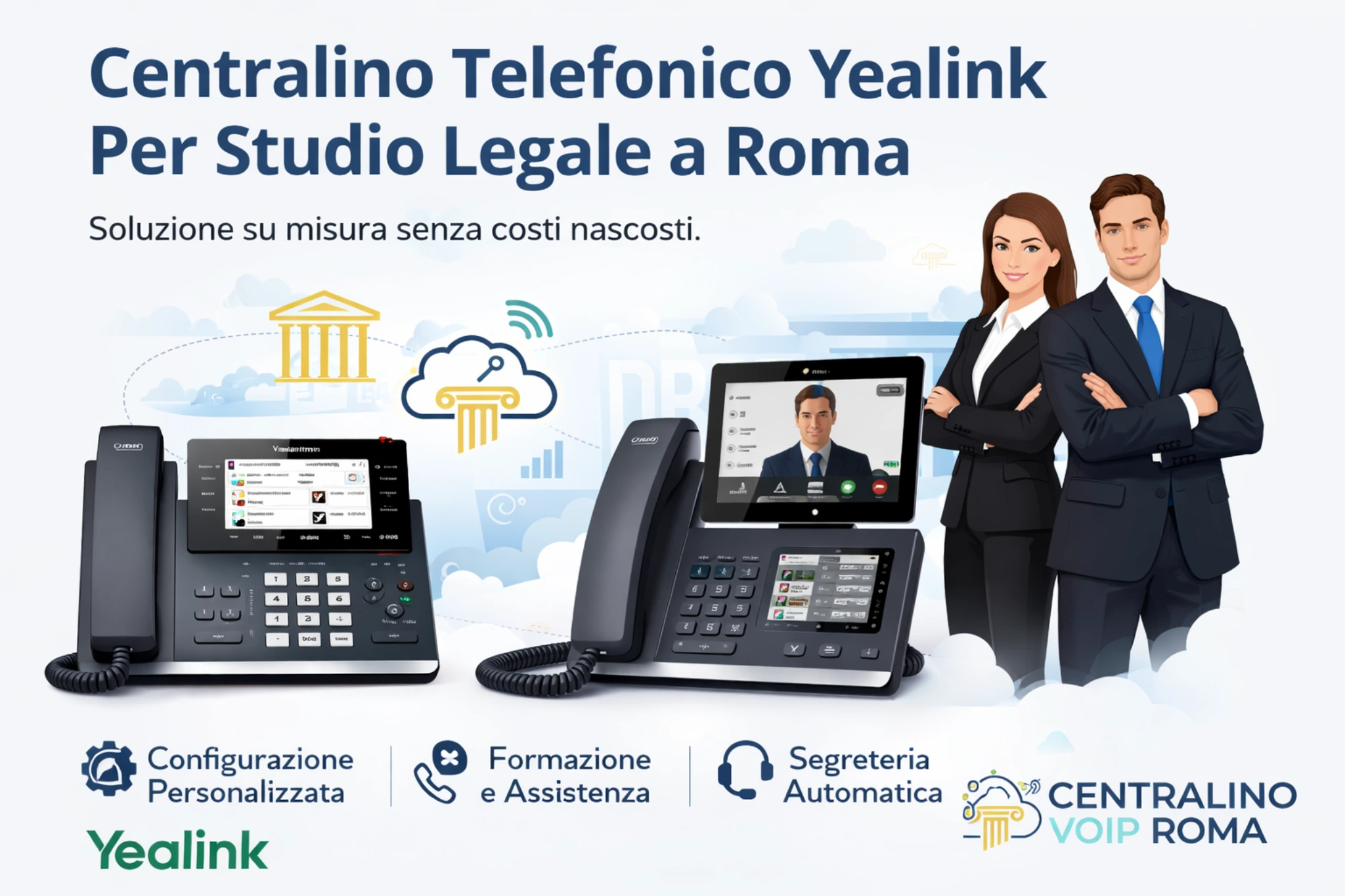 Set di apparecchi telefonici Yealink pronti per l'installazione in uno studio legale