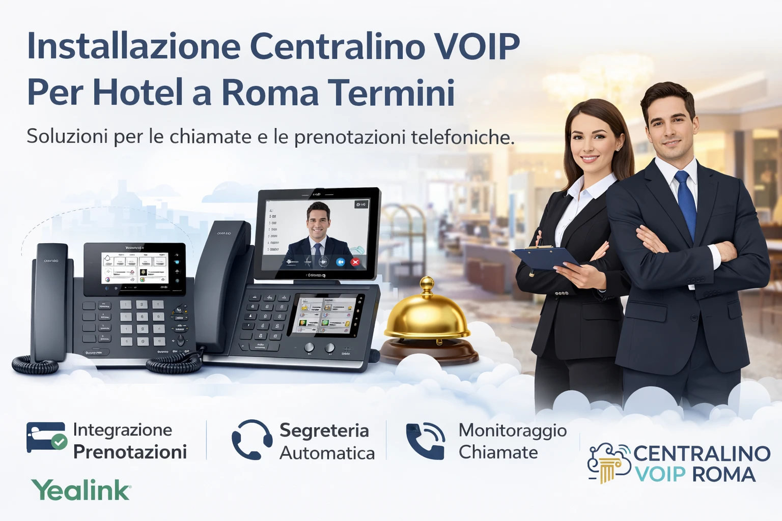 Receptionist di hotel con telefono VoIP Roma Termini